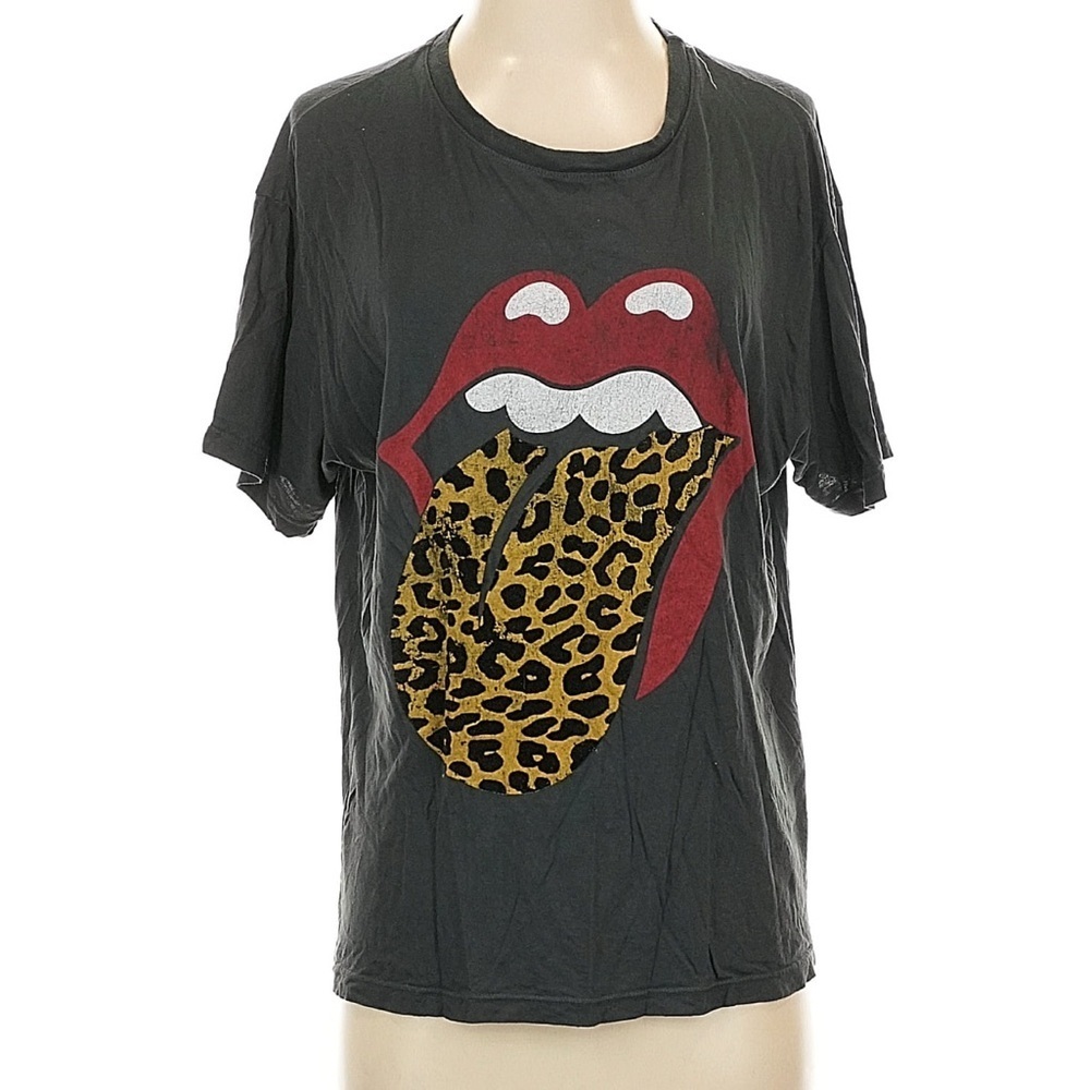 Free People The Rolling Stones Black Tee with Red and Leopard Graphic, damaged